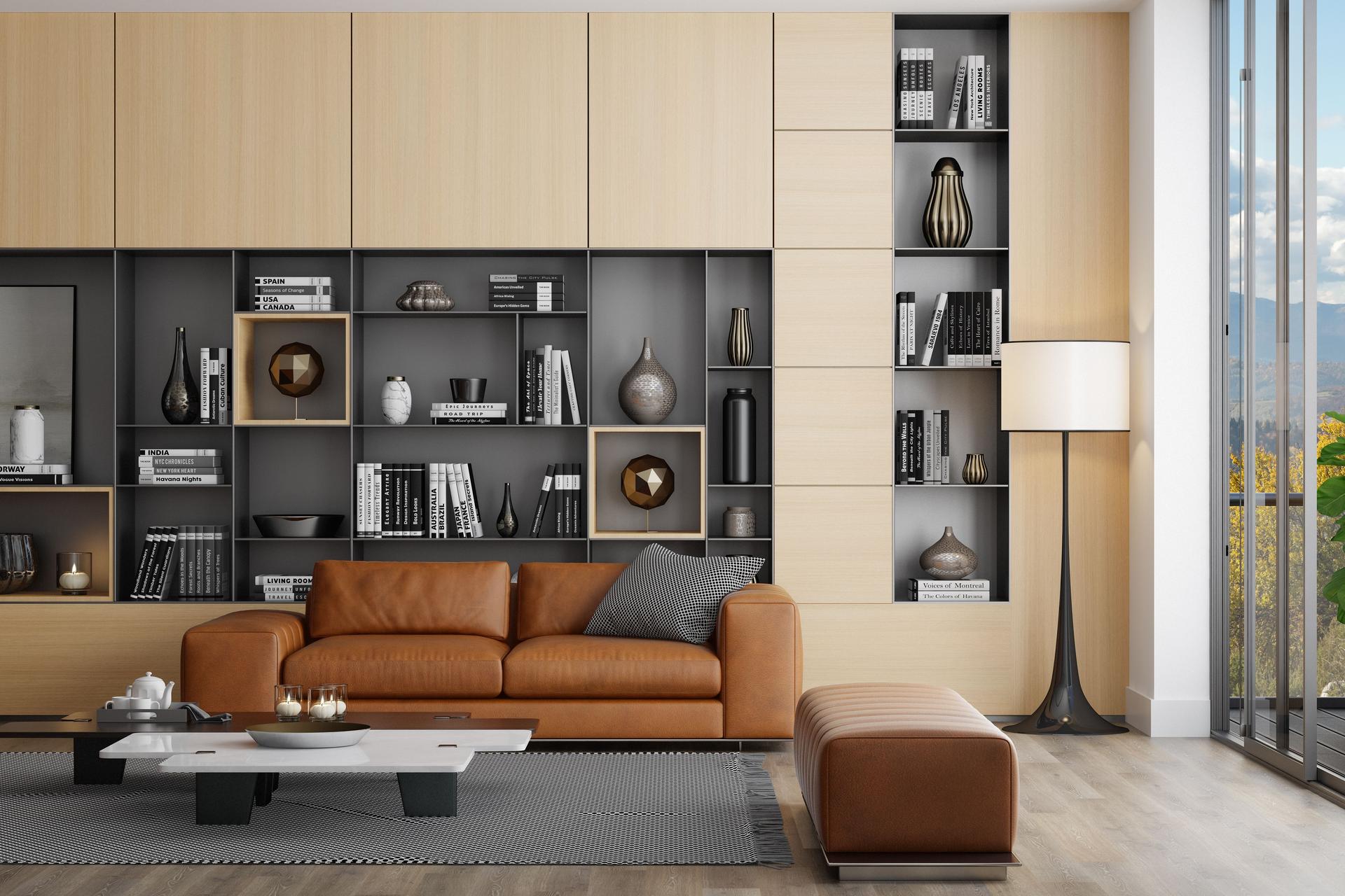 Modern Luxury Living Room Interior with large shelves on the wall. Black orange and wood concept.