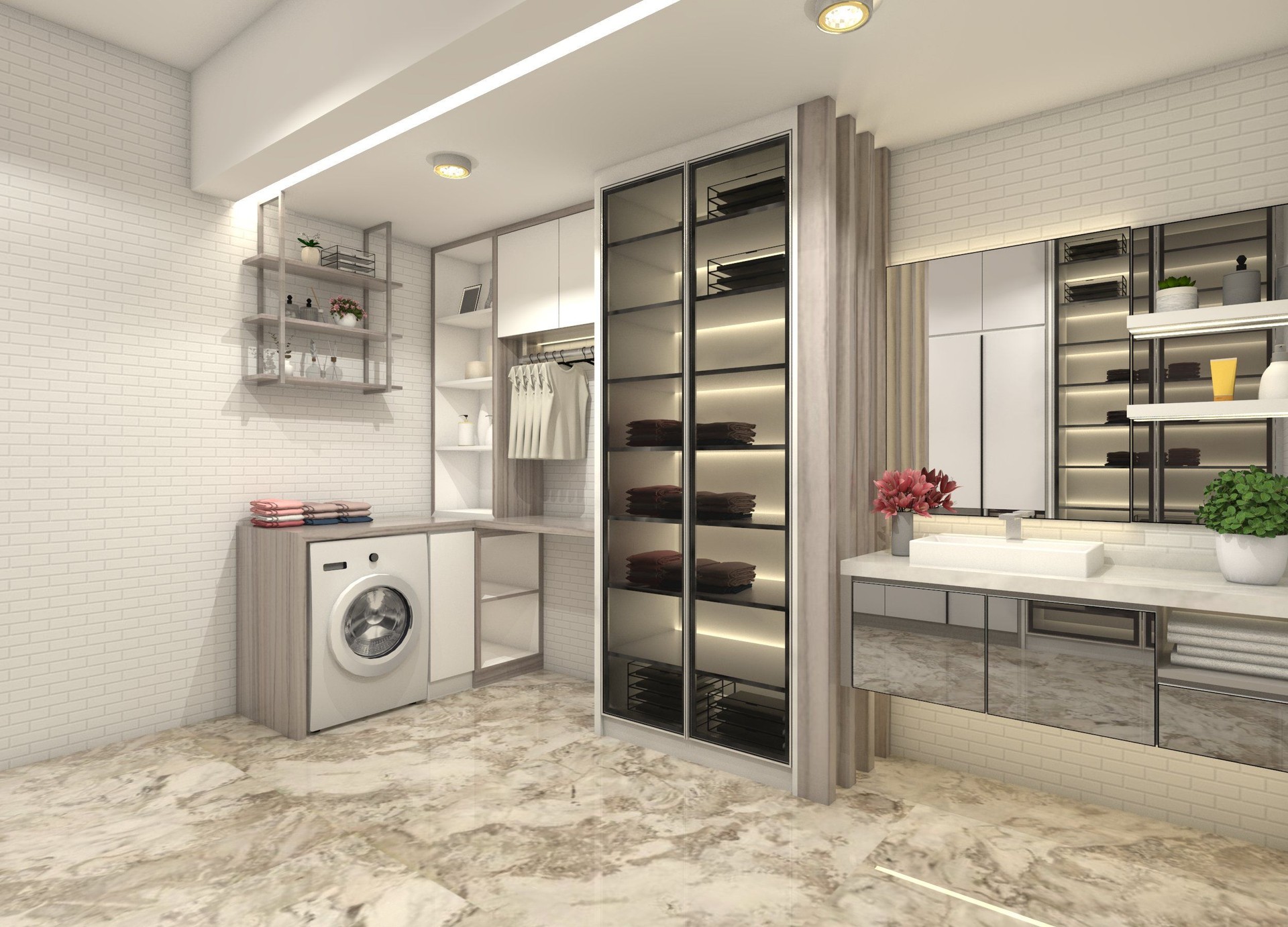 Modern Laundry Room Design with Compartment Storage Cabinet and Display