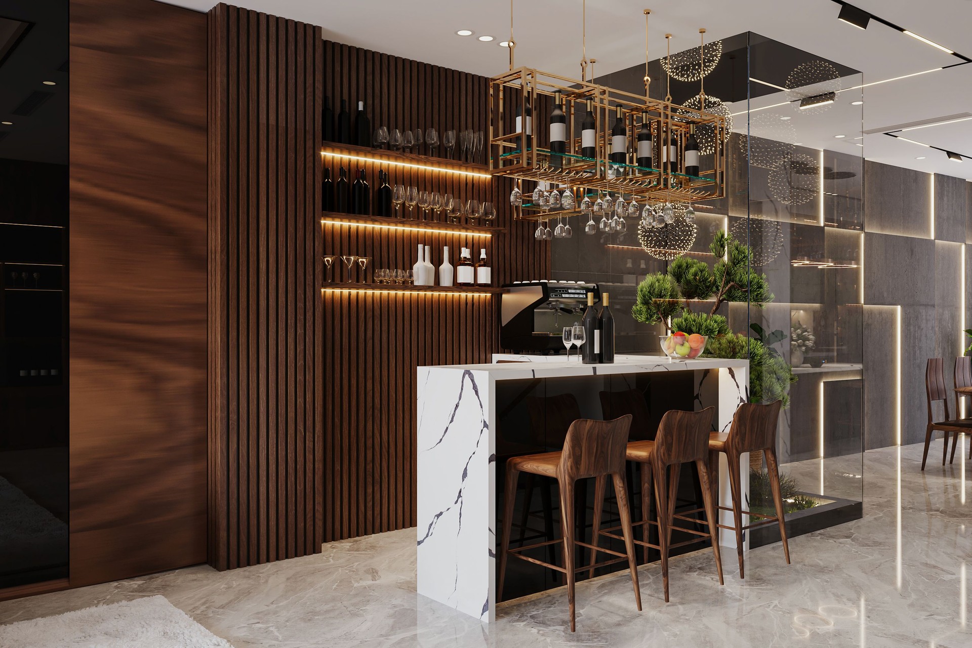 Modern Kitchen and bar counter In Luxury Home