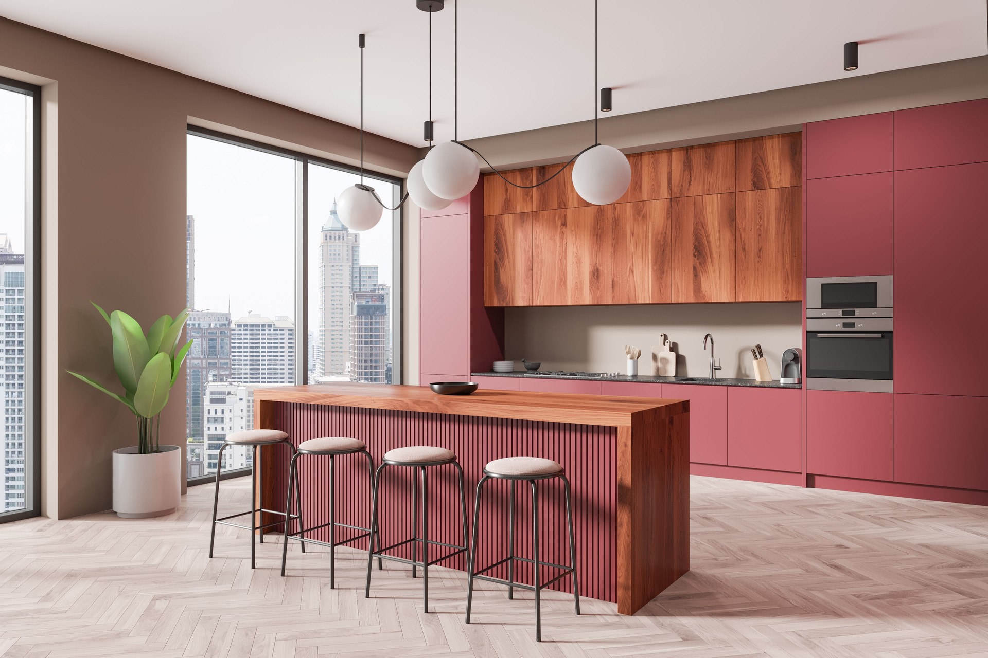Home kitchen interior with bar island and cooking cabinet, panoramic window