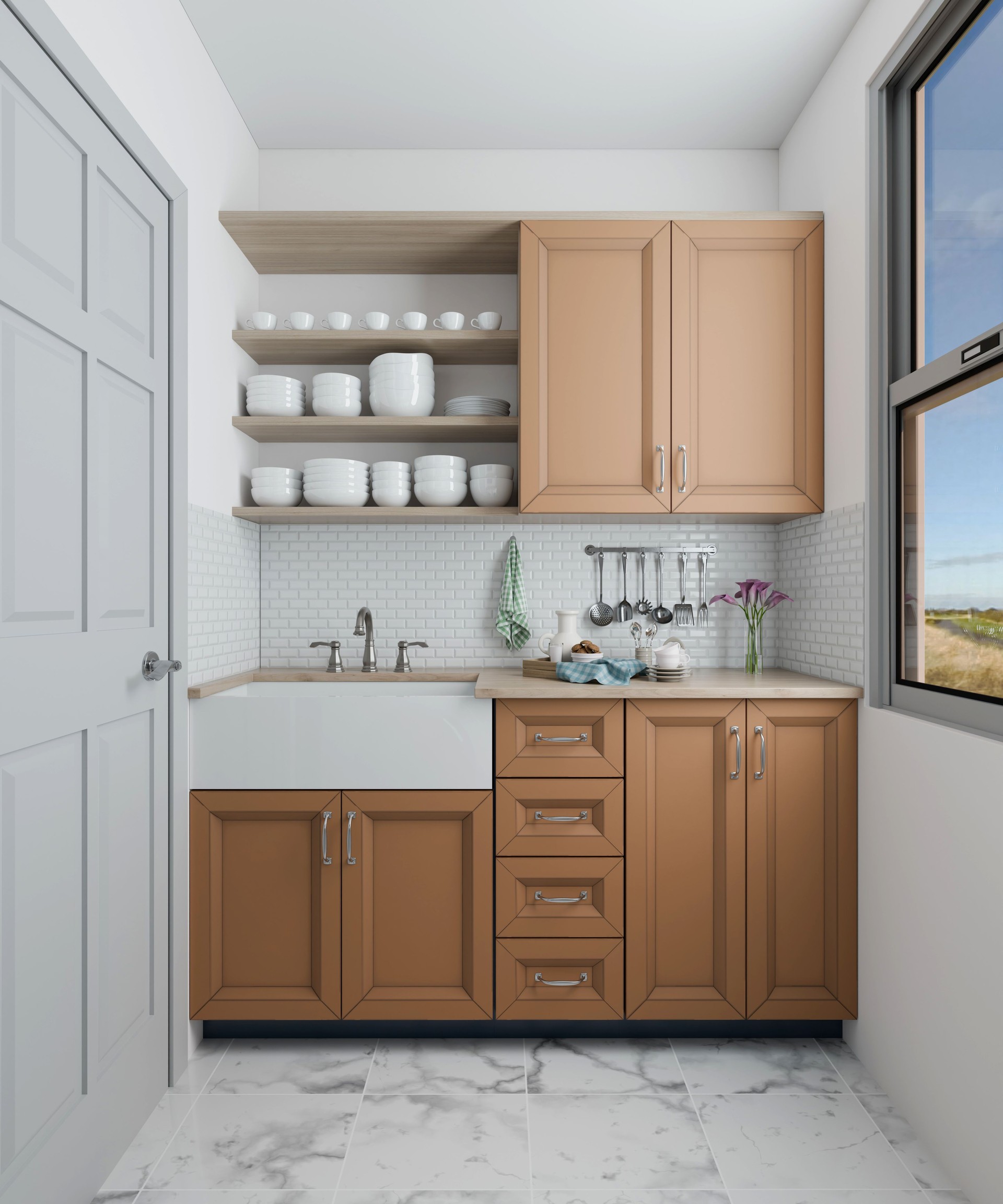 Compact kitchen showcases elegant wooden cabinets and open shelves filled with ceramic dishes. Natural light pours in through window, creating warm and inviting environment for cooking. 3d render
